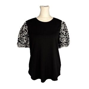 Adrianna Papell Black Round Neck Shirt with Lace Puff Sleeves Size Small